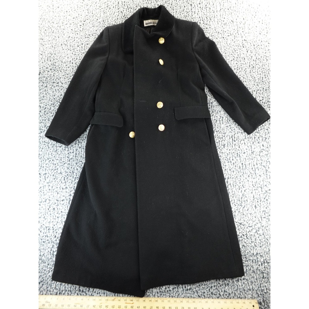 Leslie Fay Wool Long Coat‎ Black Gold Buttons Vintage Military Style Women's 10